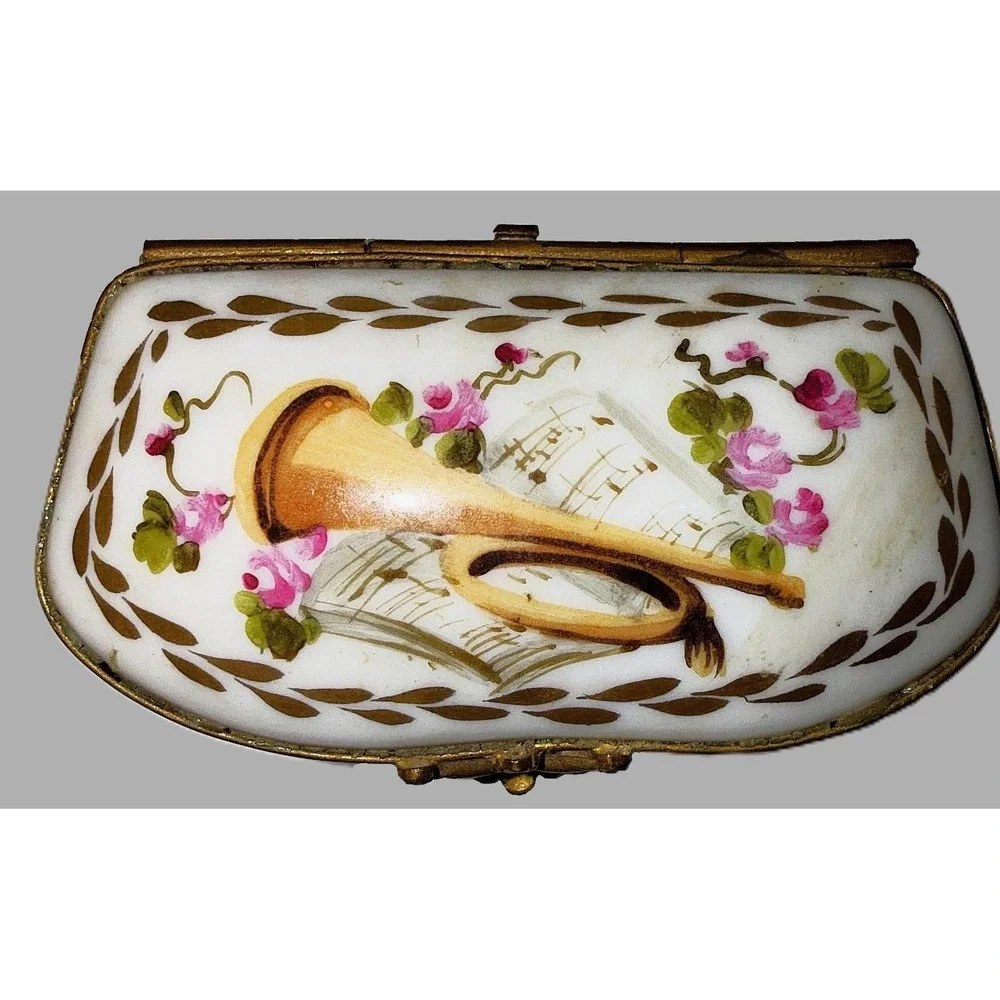 Antique Sevres Style Porcelain Kidney Trinket Box Hand Painted Musical Trophy